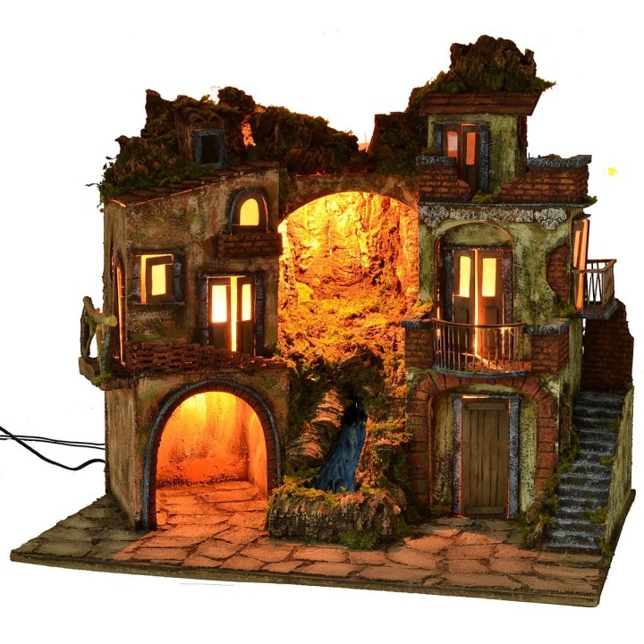 Pesebre iluminado estilo '700 con cascada cm 70x50x64 h