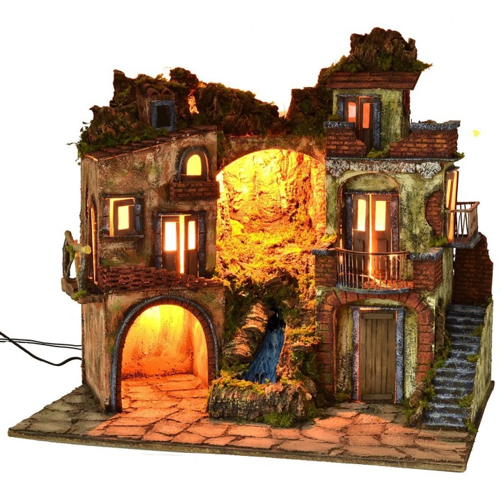 Pesebre iluminado estilo '700 con cascada cm 70x50x64 h