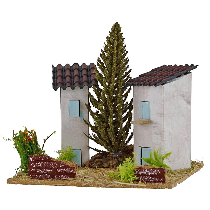 Casas para belén con árbol de 13x13x9 cm de altura