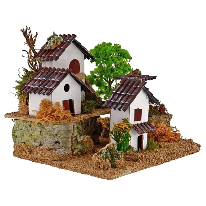 Houses for nativity scene on two levels with tree 15x19x14h cm