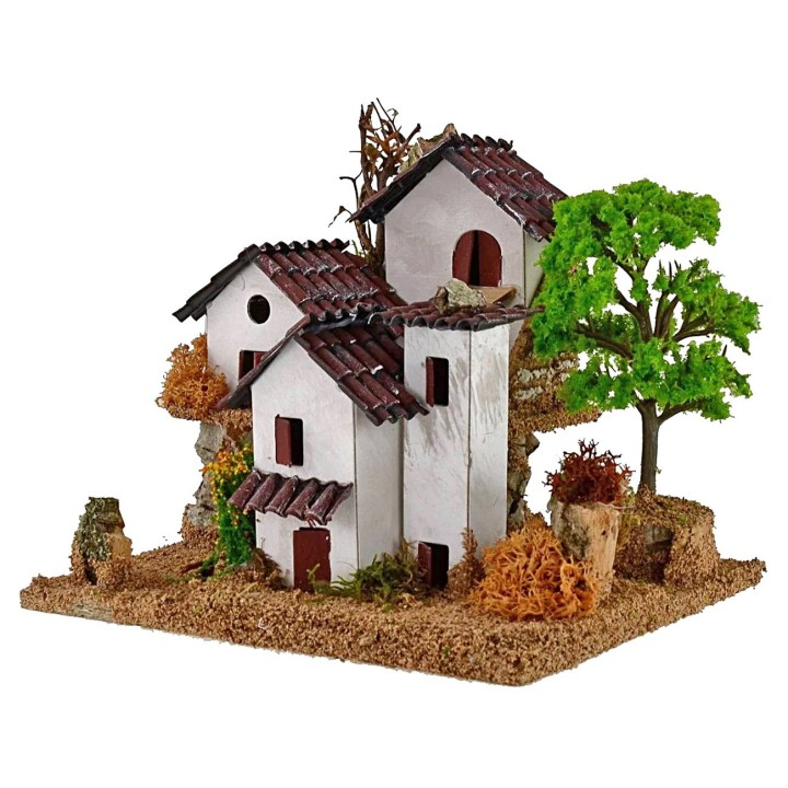 Houses for nativity scene on two levels with tree 15x19x14h cm