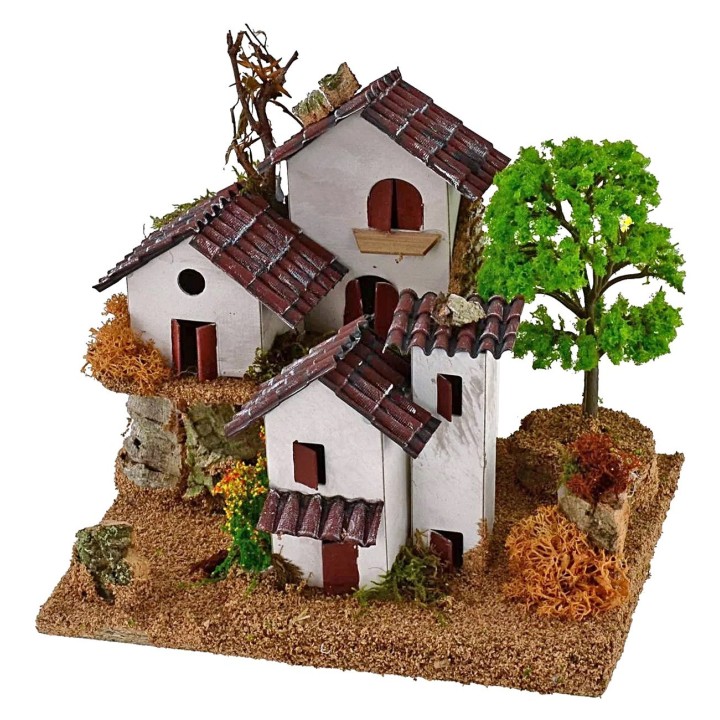 Houses for nativity scene on two levels with tree 15x19x14h cm