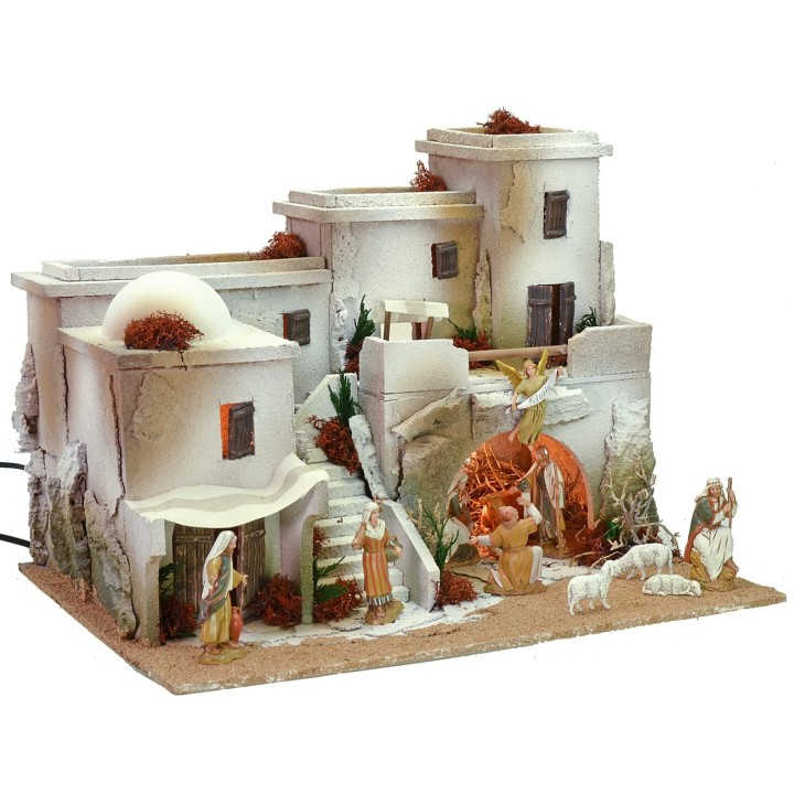 Belén en estilo árabe con tienda completo de luces y estatuas