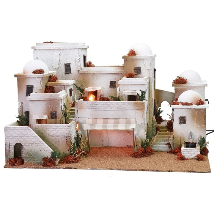Palestinian-style nativity scene complete with lights and