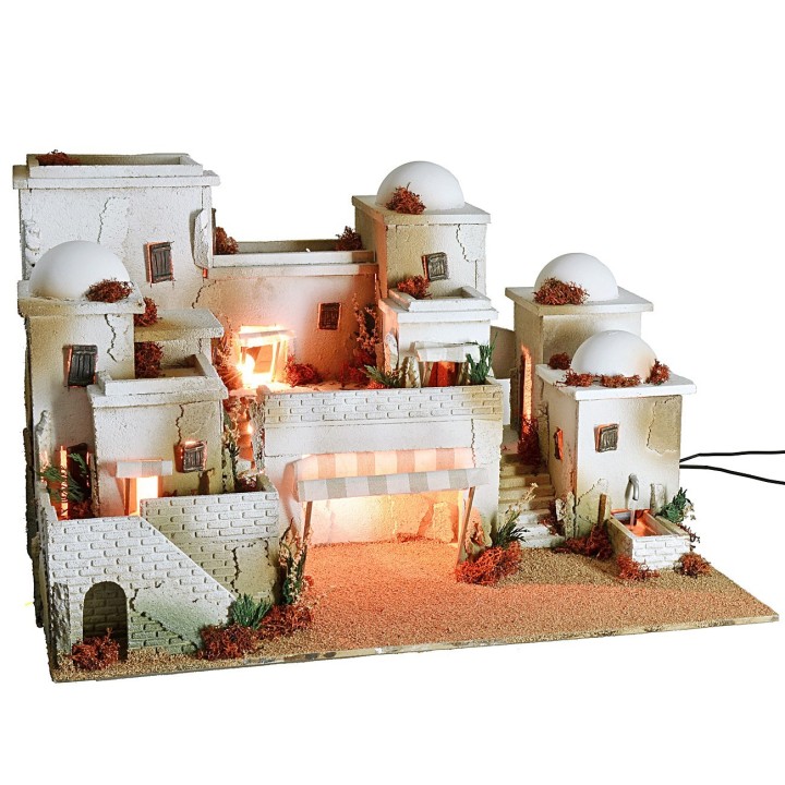 Palestinian-style nativity scene complete with lights and