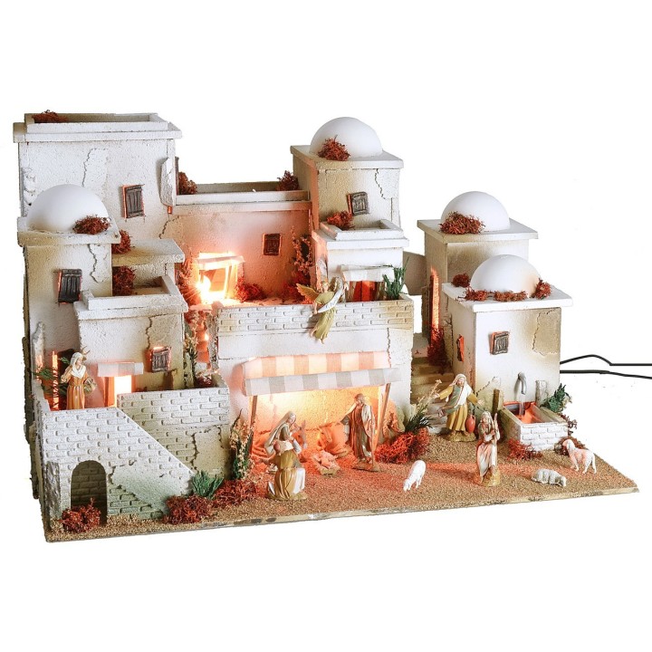 Presepe in stile palestinese completo di luci, fontana