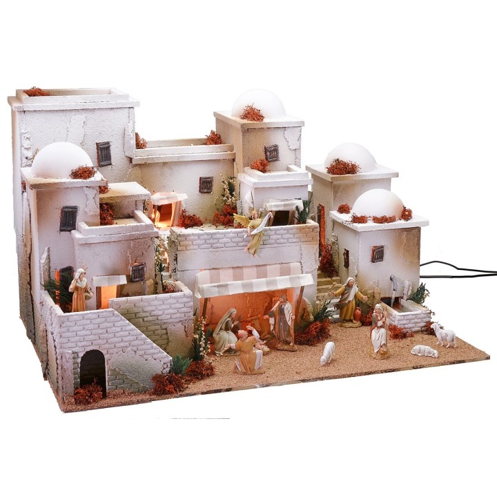 Palestinian-style nativity scene complete with lights