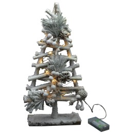 Snow-covered wooden tree with lights and pine cones h 40cm