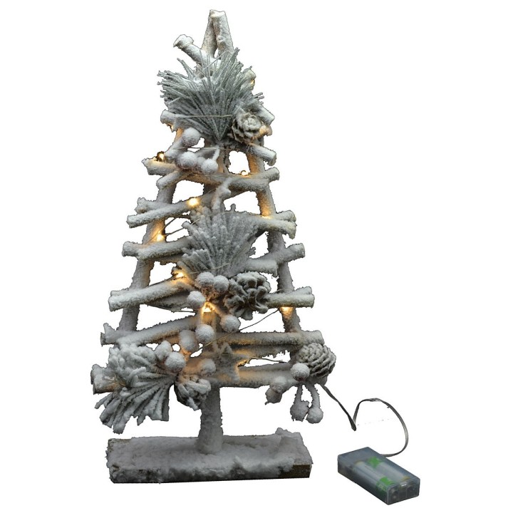 Árbol nevado de madera con luces y piñas h 40cm