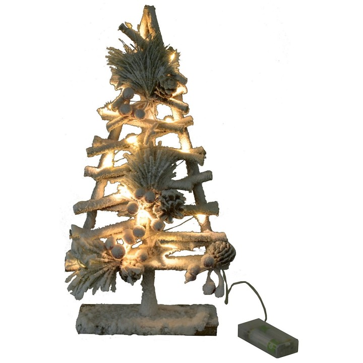Árbol nevado de madera con luces y piñas h 40cm