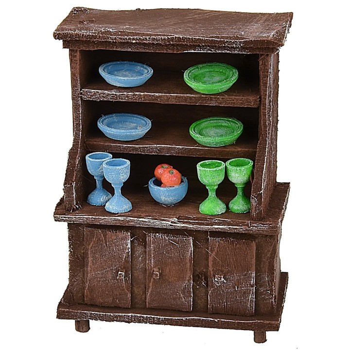 Credenza in legno antichizzato con porcellane colorate cm