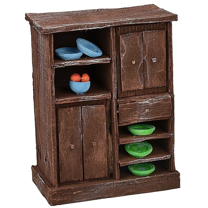 Sideboard in antiqued wood with colored porcelain cm 10x5,8x13h