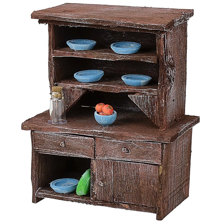 Credenza in legno antichizzato con porcellane colorate cm
