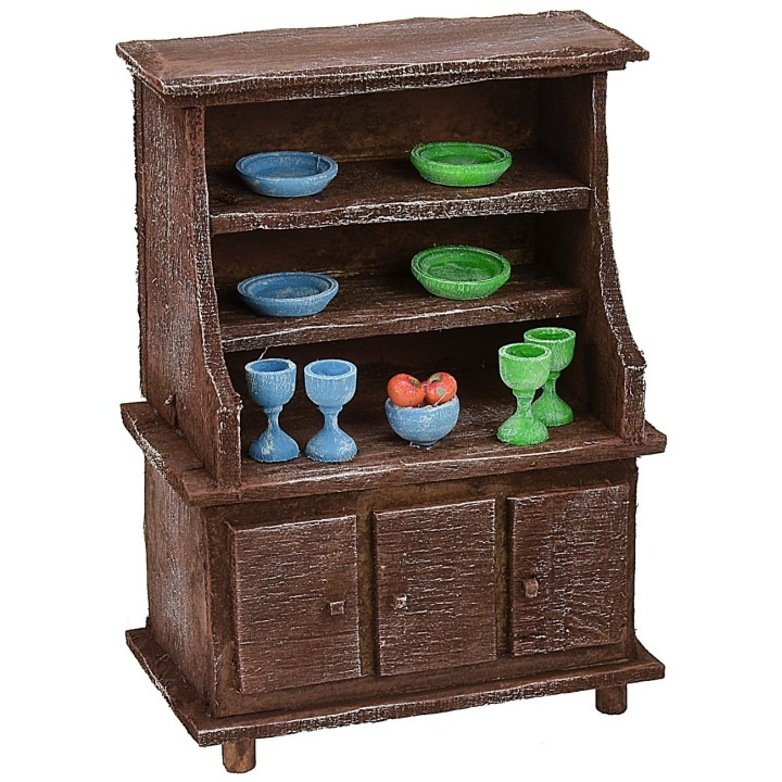 Credenza in legno antichizzato con porcellane colorate cm