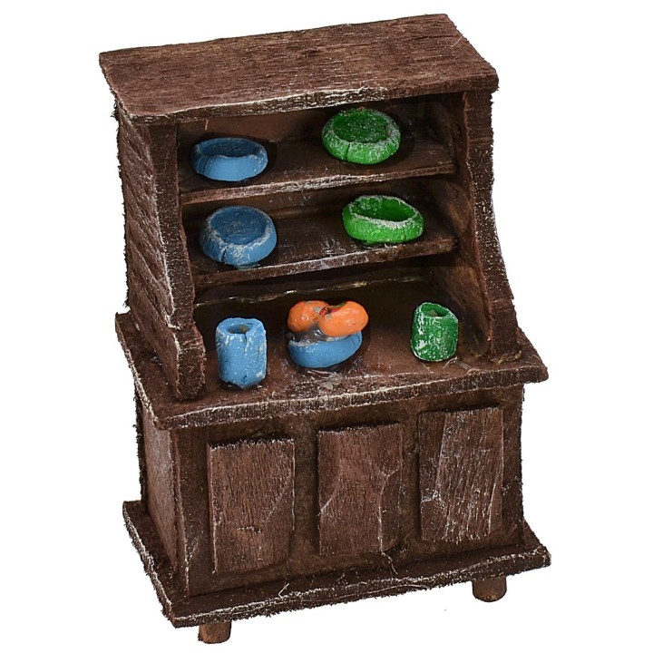 Credenza in legno antichizzato con porcellane colorate cm