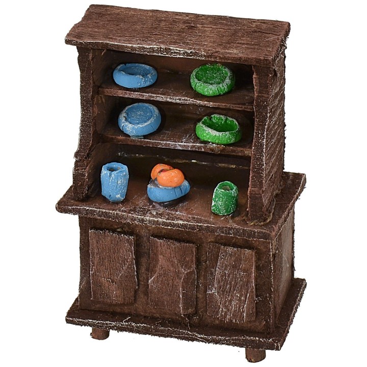 Credenza in legno antichizzato con porcellane colorate cm