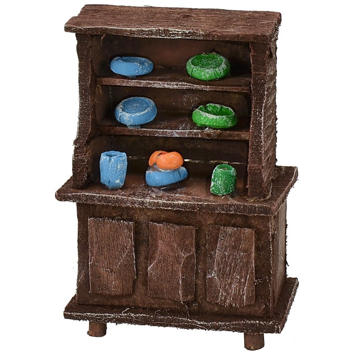 Credenza in legno antichizzato con porcellane colorate cm