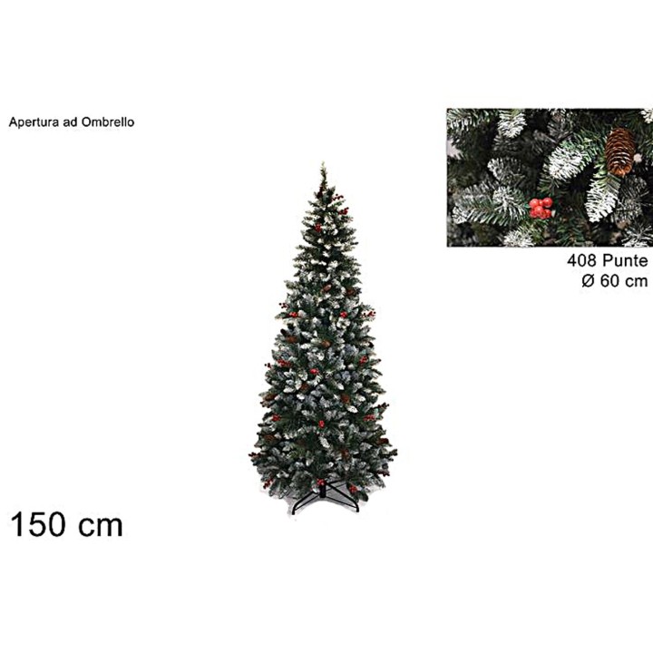 Albero innevato con pigne e bacche h 150 cm a 408 punte
