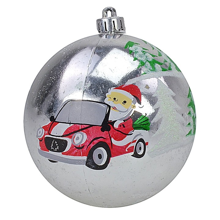 Set 6 palline argento con Babbo ø 8 cm per albero di Natale