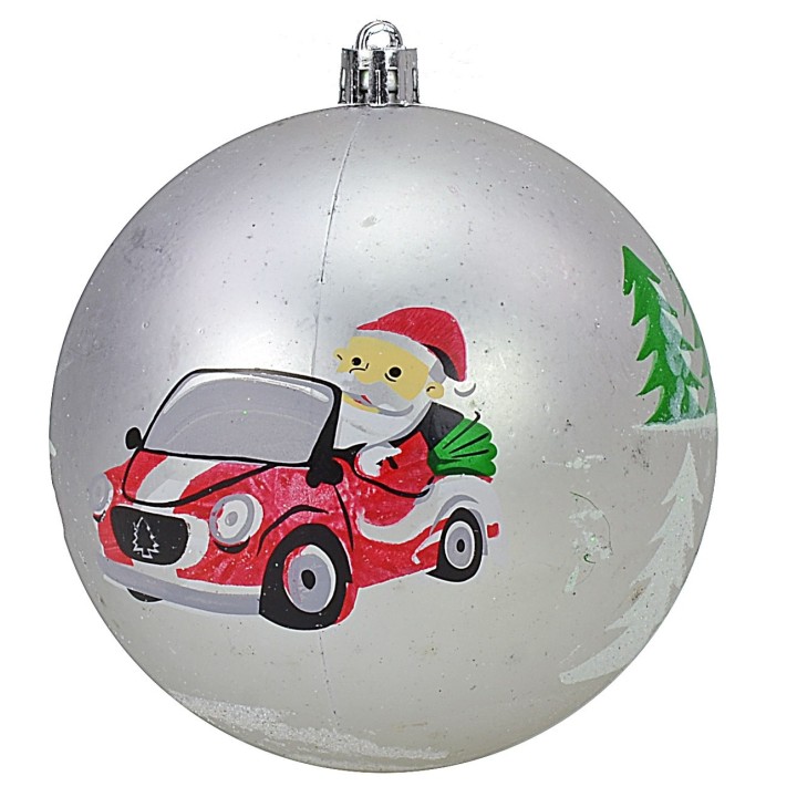 Set 6 palline argento con Babbo ø 10 cm per albero di Natale