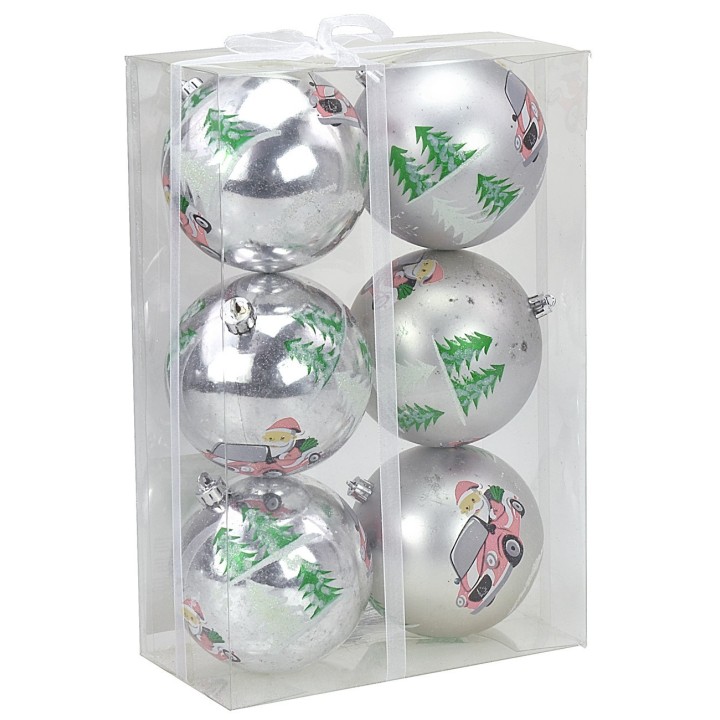 Set 6 palline argento con Babbo ø 10 cm per albero di Natale