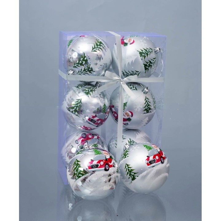 Set 6 palline argento con Babbo ø 10 cm per albero di Natale