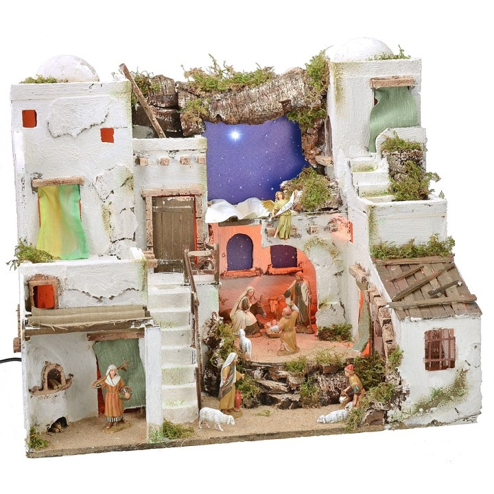 Illuminated Arab nativity scene with starry sky, oven and