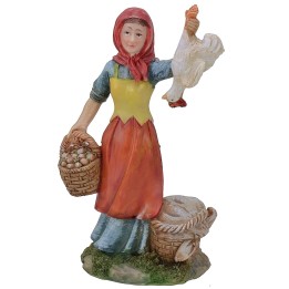 Peasant woman with baskets and resin hen 15 cm