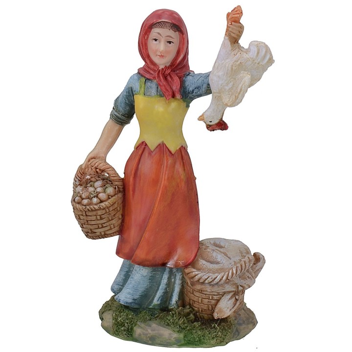Campesina con cestas y gallina de 15 cm en resina