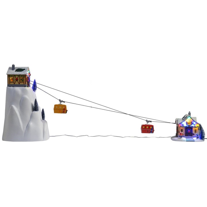 Teleférico navideño iluminado con telecabinas en funcionamiento