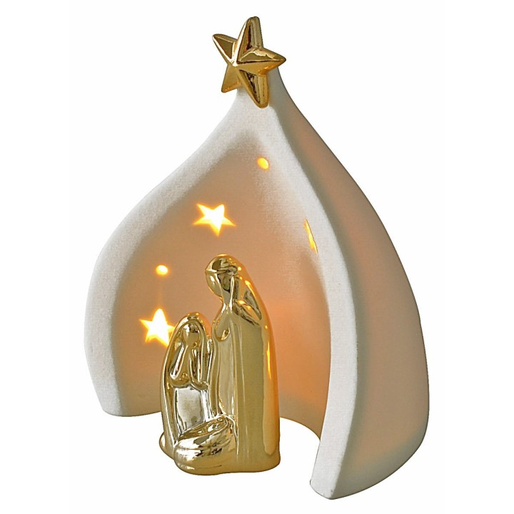 Porcelain nativity and grotto with light cm 14x9,5x16,5 h