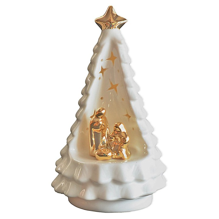 Natività e albero di Natale in porcellana illuminata cm