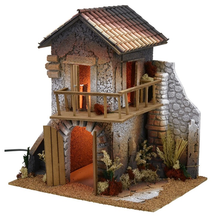 Casa illuminata per Presepe a due piani con ampia balconata cm