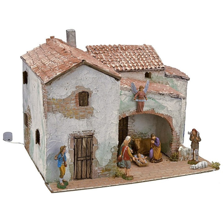 Pueblo de estuco iluminado completo con figuritas de 40x30x31