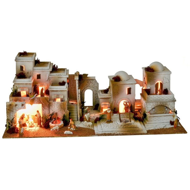 Arab nativity scene with lights, fountain with double tap and