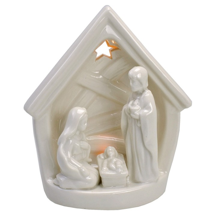 Natividad y cabaña de porcelana con luz de 14x9,2x16 cm h