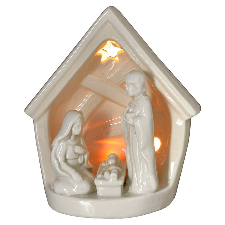 Natividad y cabaña de porcelana con luz de 14x9,2x16 cm h