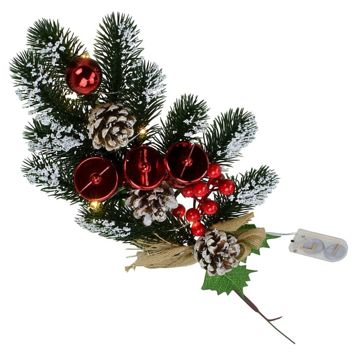Illuminated pvc branch with bells, berries and pine cones cm 40