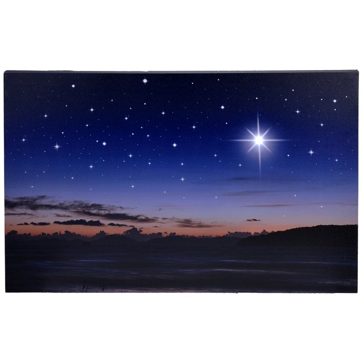 Starry sky with landscape at sunset and pole star with fiber