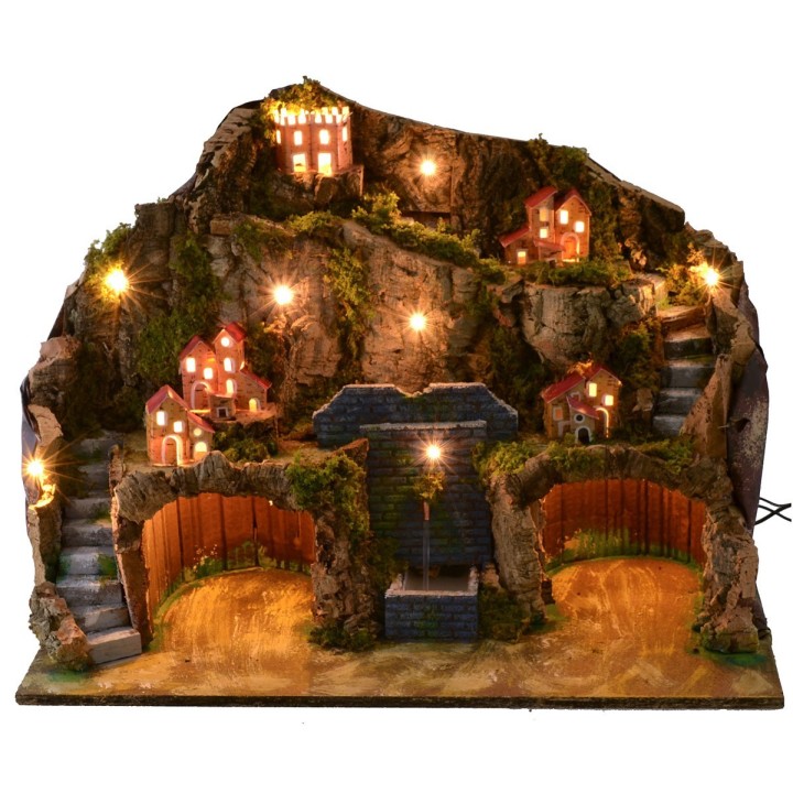 Presepe illuminato con fontana funzionante e grotta per statue