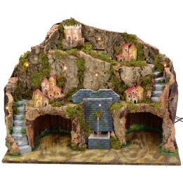 Pesebre iluminado con fuente funcional y cueva para estatuas