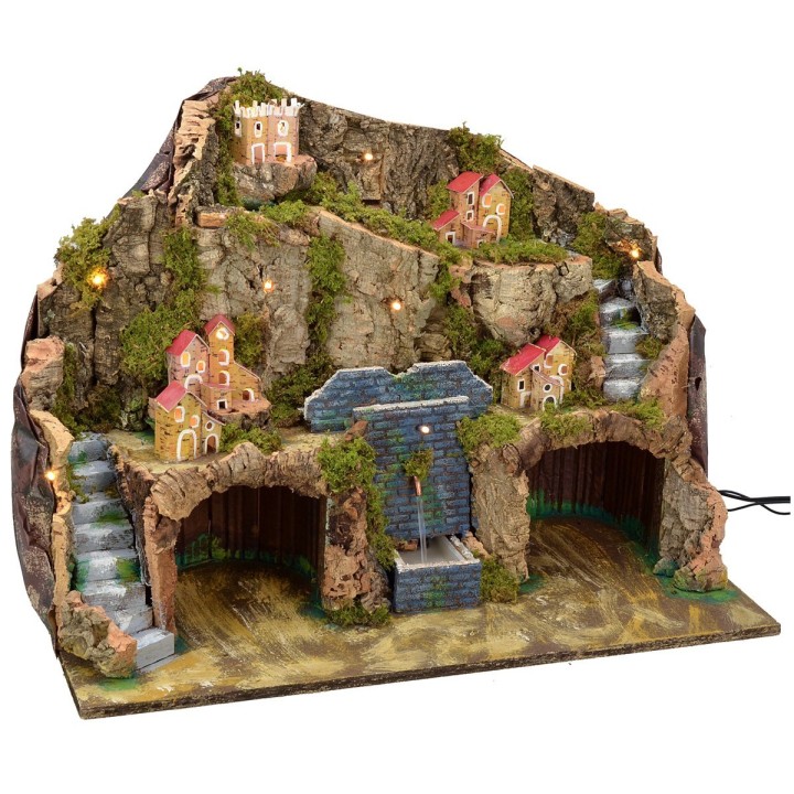 Illuminated nativity scene with functioning fountain and grotto