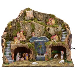 Illuminated crib with working fountain and grotto complete with