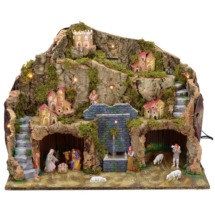 Illuminated crib with working fountain and grotto complete with