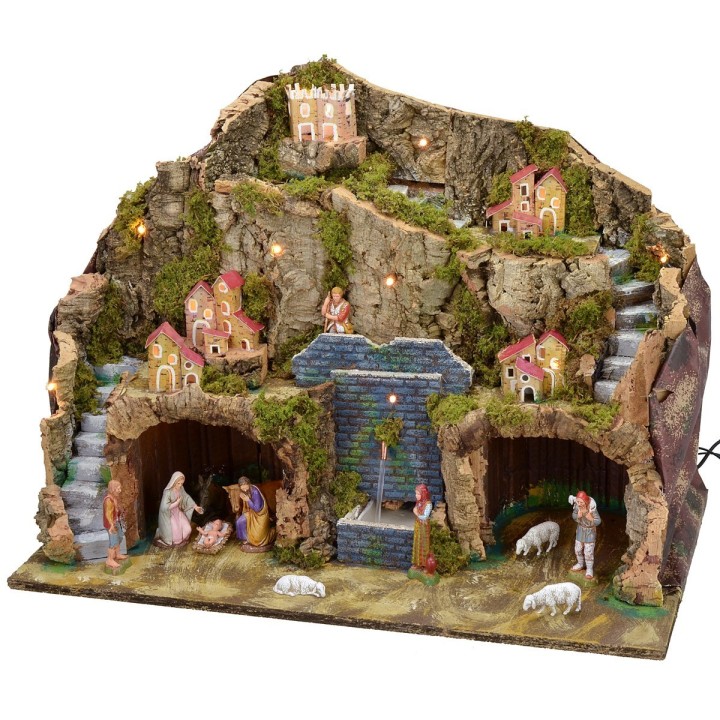 Illuminated crib with working fountain and grotto complete with