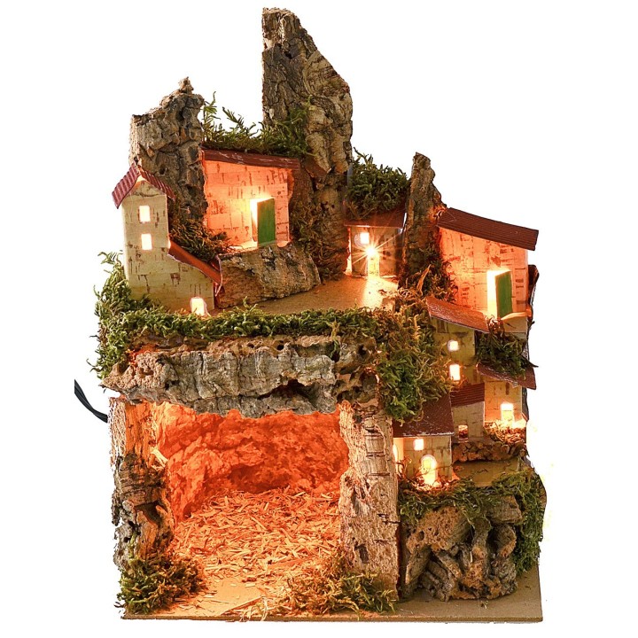 Illuminated nativity scene with landscape and grotto cm