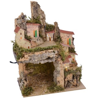 Illuminated nativity scene with landscape and grotto cm