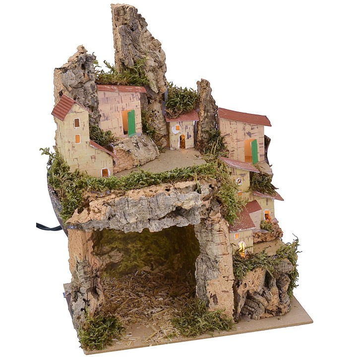 Illuminated nativity scene with landscape and grotto cm