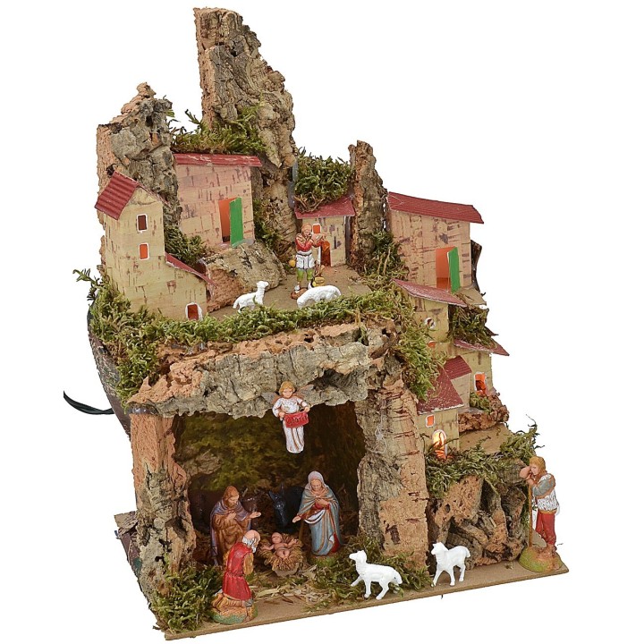 Pesebre iluminado con cueva completa de Natividad Landi