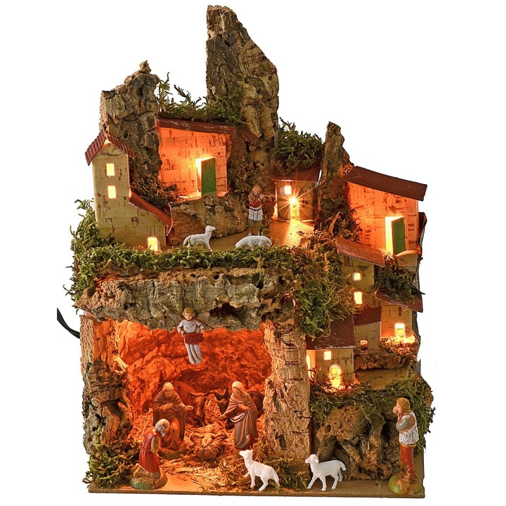 Pesebre iluminado con cueva completa de Natividad Landi